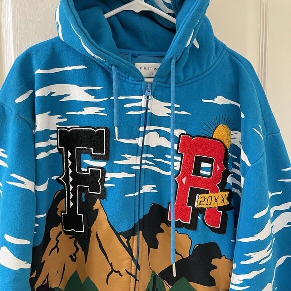 First Row Graphic Mountain Hoodie Full Zip Embroidered Applique Men's Size Large - Picture 3 of 16